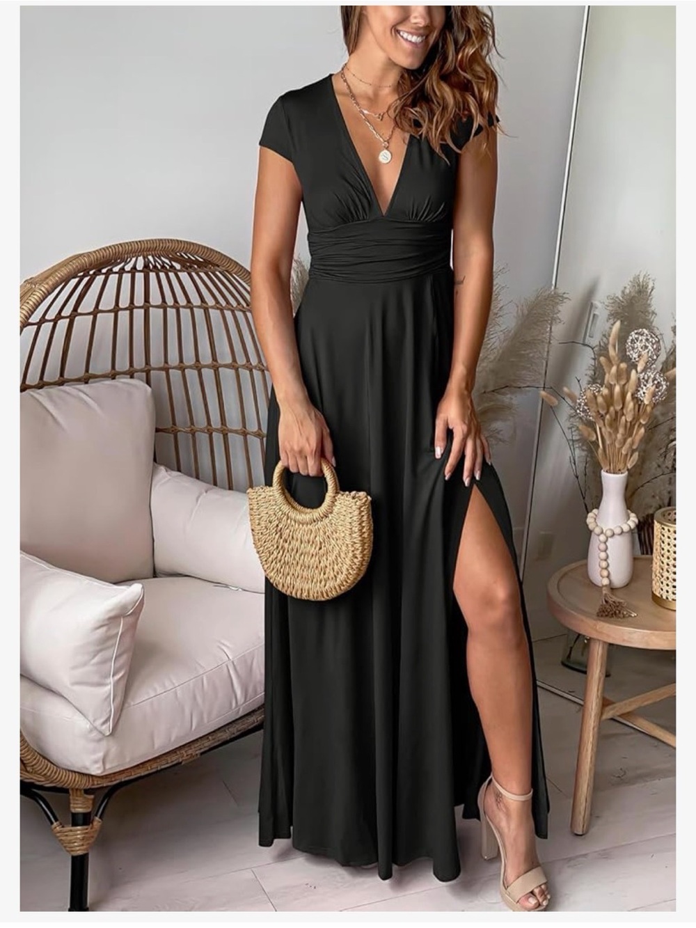 ANRABESS Women Deep V Neck Long Sleeve Slit